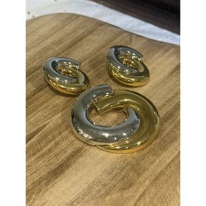 Vintage Two-Tone Gold & Silver Tone‎ Modernist Clip-On Earrings Plus Brooch